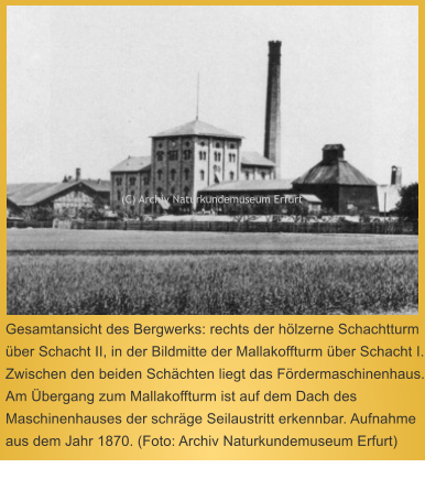 Gesamtansicht des Bergwerks: rechts der hlzerne Schachtturm ber Schacht II, in der Bildmitte der Mallakoffturm ber Schacht I. Zwischen den beiden Schchten liegt das Frdermaschinenhaus. Am bergang zum Mallakoffturm ist auf dem Dach des Maschinenhauses der schrge Seilaustritt erkennbar. Aufnahme aus dem Jahr 1870. (Foto: Archiv Naturkundemuseum Erfurt)   (C) Archiv Naturkundemuseum Erfurt